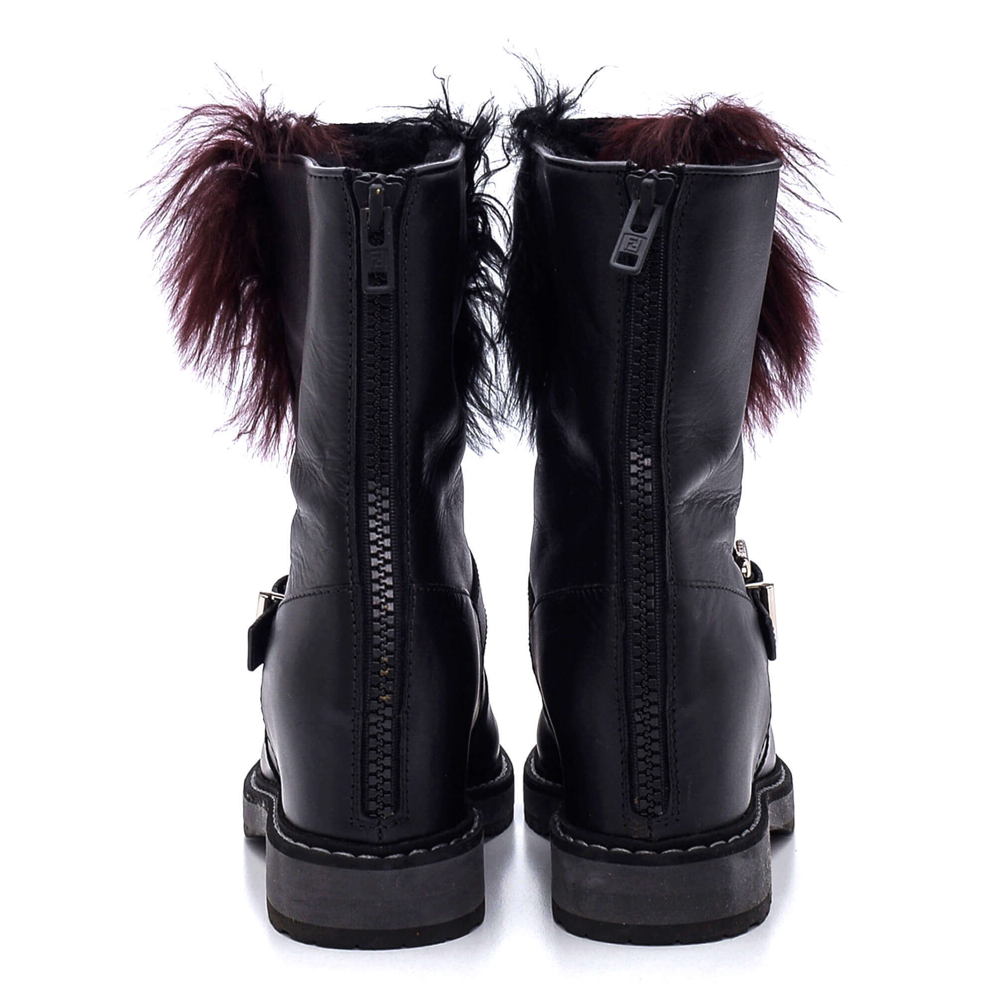 Fendi - Black Leather FF Logo Fur & Strap Detail Boots